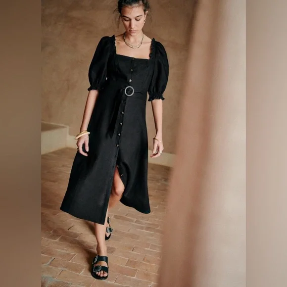 Sezane | Dresses | Sezane Winona Black Linen Belted Dress 34 2 Xs | Poshmark